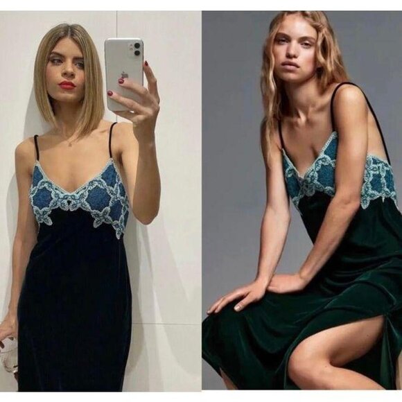 Zara Crochet Velvet Maxi Dress Side Slit Dark Green Size XS - Picture 4 of 9